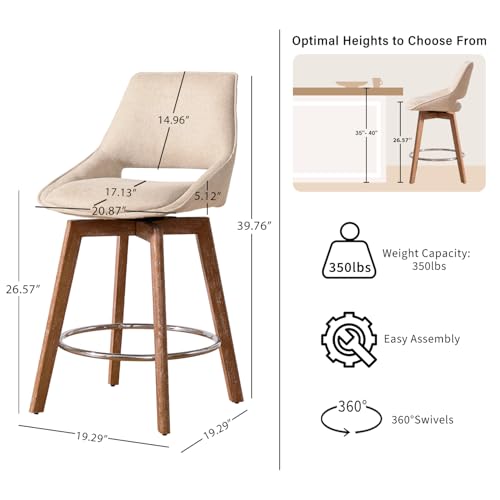 Butacos giratorios de altura para barra, set de 3 unidades color arena, patas de madera maciza, asiento acolchado en tela, ideales para islas de cocina y bares domésticos miniatura 2
