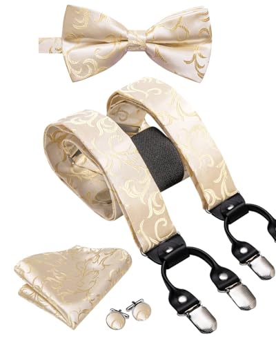 Image of Hi-Tie Men Suspender Bowtie Set Suspenders Pre-tied Bow Tie Pocket Square Cufflinks Adjustable Y Shape 6 Clips Braces Tuxedo