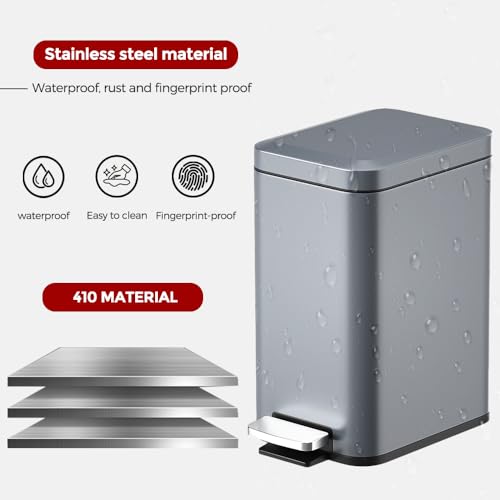 Image of 8L /2Gal Slim Step Garbage Can,Narrow Rectangle Garbage Container Bin,Small Bathroom Trash Can with Lid Soft Close，Foot Pedal Garbage Can for Bathroom,Bedroom,Office (8l-Gery)