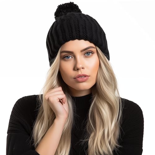 Image of Nollia Women's Pom Pom Knit Winter Beanie for Cold Weather - Warm Fleece - Cable Knit