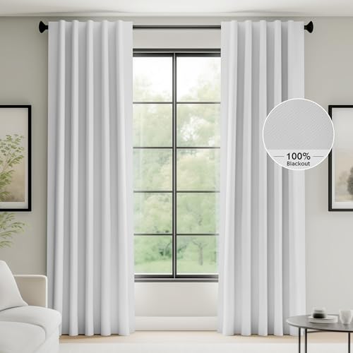 Image of FMFUNCTEX 100% Blackout Curtains for Bedroom, White Back Tab Curtain 108 Inches Long Drapery Thermal Insulated Curtains for Living Room, Black Out Drapes Rod Pocket Room Darkening 2 Panels