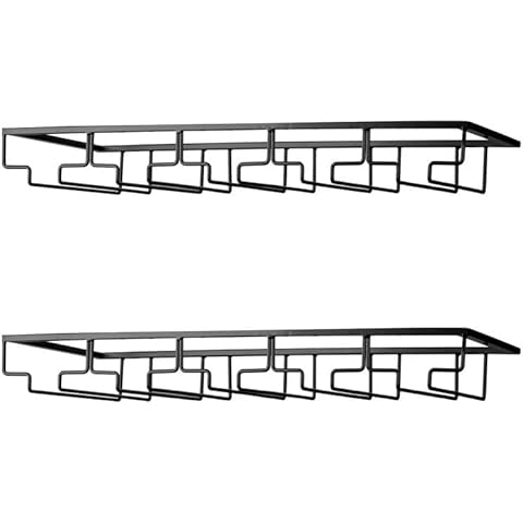 FOMANSH Wine Glass Rack - Under Cabinet Stemware Wine Glass Holder Glasses Storage Hanger 2 Pack Metal Organizer for Bar Kitchen 5 Rows Black Cover