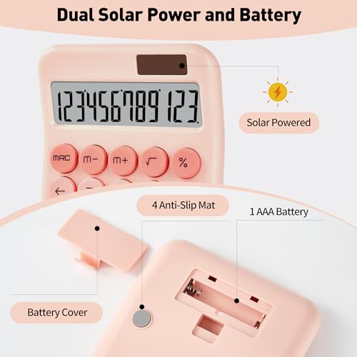 Small Desktop Calculator with LCD Large Display and Sensitive Button, Dual Solar and Battery Powered with Automatic Sleep Basic Cute Calculators for Office, School and Business (Pink) - Image 6