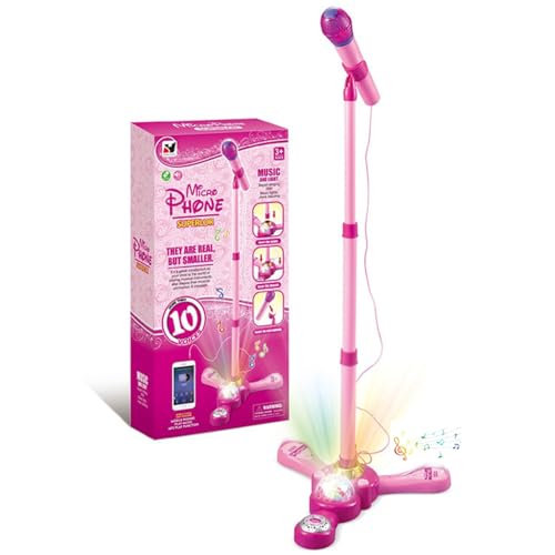 Kids Microphone and Stand,Kids Karaoke Machine with Adjustable Stand, Karaoke Microphone with Music Function & Flashing Stage Lights for Girls Boys Party Pastime