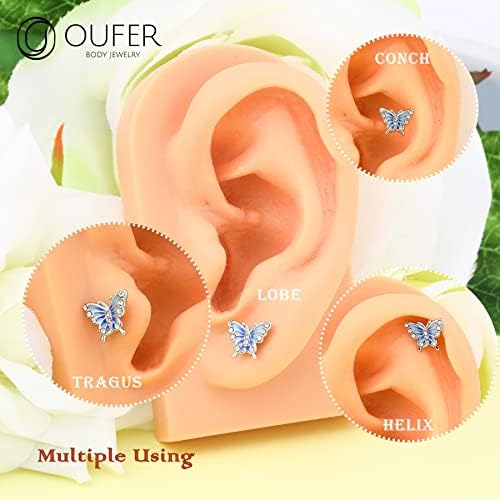 OUFER 16g Helix Piercing Conch Jewellery Tragus Studs Cartilage Blue Butterfly CZ Stainless Steel Upper Forward Helix Top Ear Earrings Lobe Ring Bar 1.2mm Women Gift