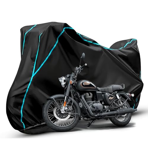 Image of Waterproof Bike Body Cover Compatible with RE Bullet Dustproof Scratchproof - Motorcycle Cover for Two Wheeler, Outdoor Full Cover with UV, Duty, Rain Protection (Black & Aqua) R1
