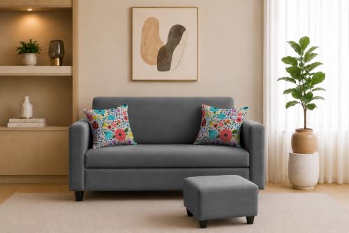 Image of Rosebell 2 Seater Sofa with Ottoman | Living Room Couch | with Printed Cushions | Sofa for Home, Apartment & Office-Grey Color