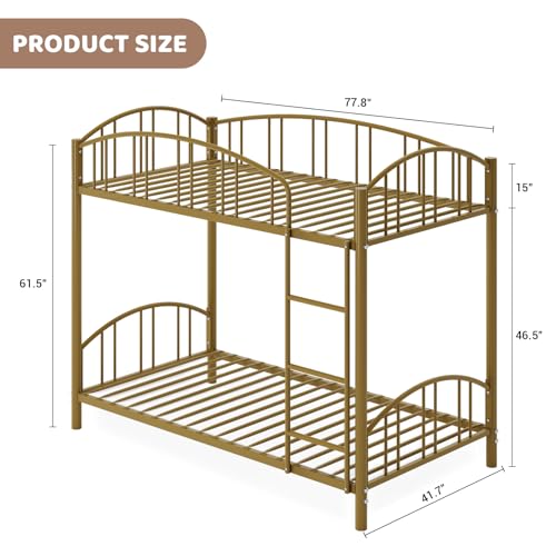 Garvee Bunk Bed Twin Over Twin with Ladder and Arched Guardrail, Heavy Duty Bunkbeds Frame with Sturdy Steel Slats Support for Kids Boys Girls, Space-Saving, No Box Spring Needed, Gold