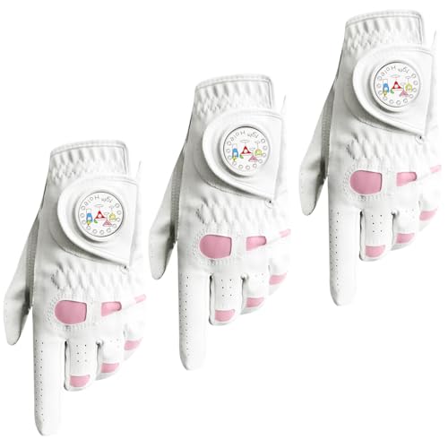 VEASAERS Golf Gloves Women Leather with Ball Marker 3 Pack, Left Hand Right Stylish Pink All Weather Grip Breathable Glove, Fit Sizes Small Medium Large for Womens Ladies (3 Pack Pink, Medium, Left)
