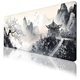 Alfombrilla de mouse japonesa con tinta paisajística de montaña y pabellón en flor, alfombrilla de escritorio grande, impermeable, bordes cosidos, base de goma, antideslizante, 31.5 x 11.8 pulgadas