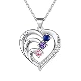 Custom4U Personalised Name Necklace for mum Silver Heart Pendant with 3 birthstone Family Necklace Gifts for Her Mum Girlfriend Birthday Christmas Mother’s Day