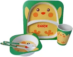 Kit Alimentação Infantil Bebê Copo Prato Talher Fibra Bambu Ecológico BPA Free 5 Peças