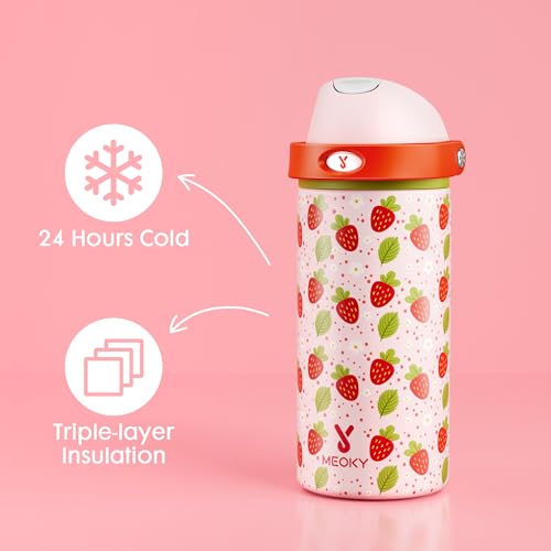 Image of 18 oz Insulated Water Bottle for Kids: Meoky Stainless Steel Water Bottle with 2-in-1 Straw and Spout Lid - Leak Proof, Cold for 24 Hours, BPA-Free for Girls School Sports, Strawberry Garden