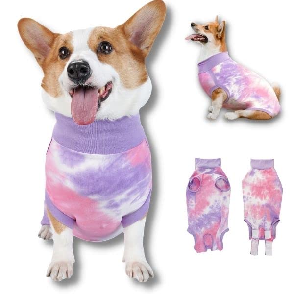 TORJOY Breathable Dog Recovery Suit for Male/Female, Tie Dye Purple Dog Onesie for Abdominal Wounds, Cone E-Collar Alternative After Surgery to