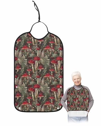 Adult Bibs for Eating, Red Mushroom Pants Leaves Washable Elderly Adult Bibs for Men Women Large Reusable Adjustable Clothing Protector with Optional Crumb Catcher