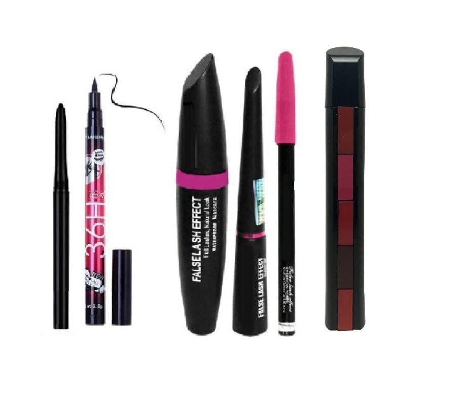 Professional Beauty Combo of Fabulous Matte Shades 5 in 1 Lipstick (Red Edition) with Eye Combo 3 in 1 Mascara 36H Waterproof Eyeliner and Kajal Pencil-Pack of 6-image-38