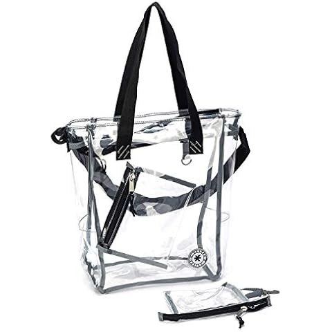 Heavy Duty Clear Tote Bag Quality See Through Messenger Bags with Zipper Durable Transparent Bookbag w/Cell Phone Pouch & Pencil/Makeup Case Black Cover
