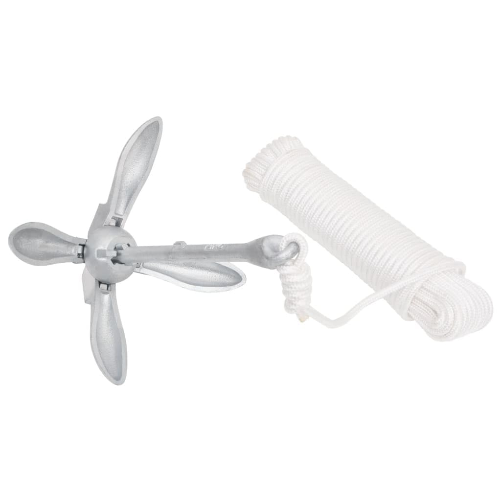 Anclaje plegable con cuerda plateada, 3,2 kg, hierro maleable, 30 m, longitud de la cuerda de 8 mm de diámetro, para barco, kayak, canoa, motor, bote inflable, embarcación, embarcación, mar