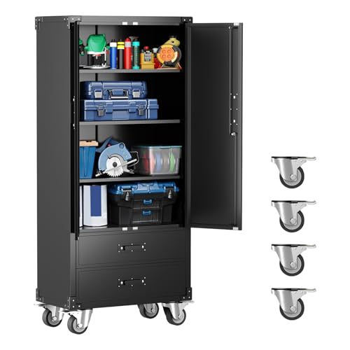 BouPower 67" Black Metal Storage Cabinet with Wheel, Garage Storage with 2 Drawers + 4 Adjustable Shelves, Heavy Duty Tool Cabinet with Locking Doors