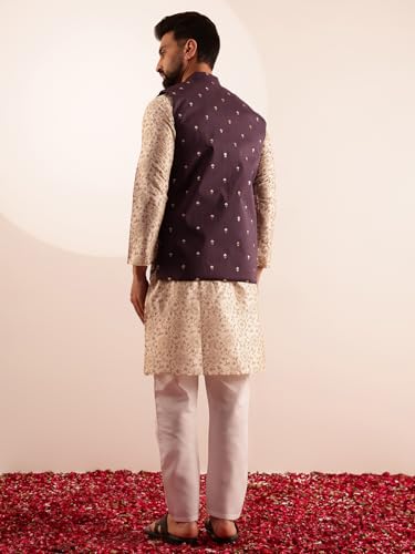 Image of SOJANYA Men's Silk Blend Cream Kurta & White Pyjama With Daman Embroidered Nehru Jacket