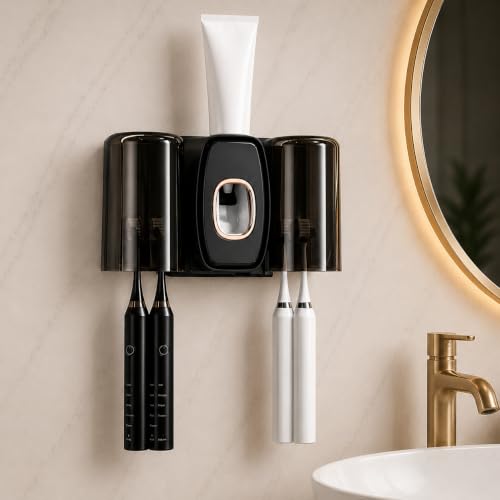 Image of TENOM Tooth Brush Holder Bathroom with Toothpaste Dispenser, Self Adhesive Toothbrush Holders for Bathroom Wall, Dustproof, BPA Free Wall Mounted Bathroom Organizer (Black, 2 Cup)