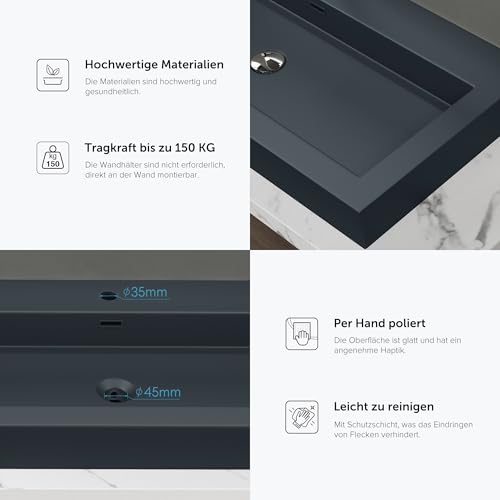 doporro Waschbecken 100x48x10cm Aufsatzwaschbecken matt Anthrazit aus Mineralguss Gussmarmor Waschtisch Colossum18