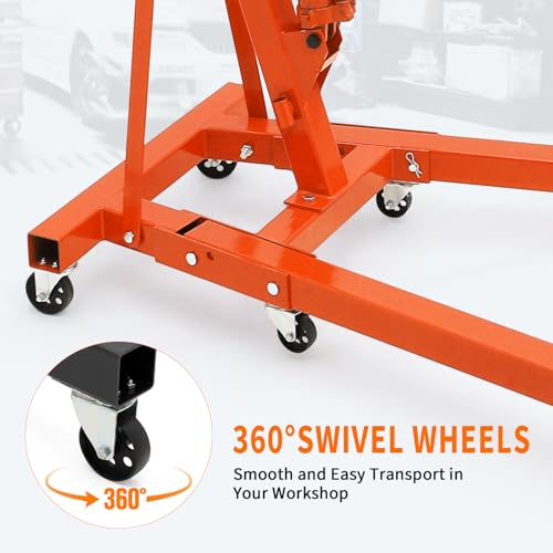 Image of GarveeTech 2-Ton Folding Engine Hoist Cherry Picker 4400 Lb Capacity Hydraulic Shop Crane with Telescoping Boom 6 Caster Wheels for Automotive Repair Garage Use Includes Hitch and Storage Stand Red