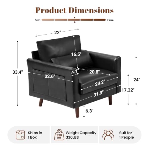 Image of Kingfun Faux Leather Armchair Sofa with Side Pocket,Black