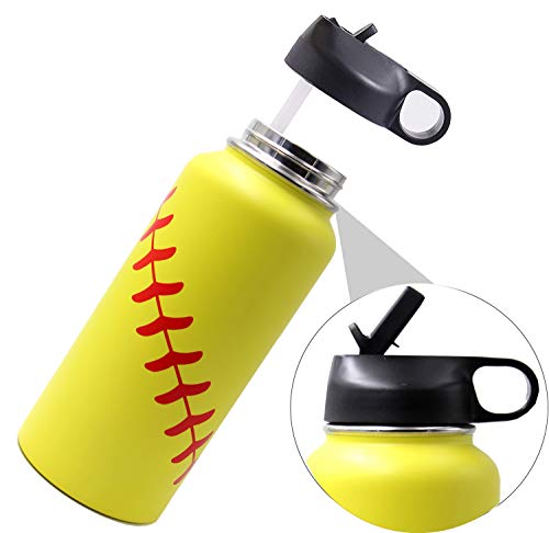 32 Oz Softball Water Bottle, Flask Sports With 2 Lids 18/8 Stainless Steel Tumbler Double Wall Vacuum Insulated Hot/Cold (32Oz, Yellow Softball) #TOP1