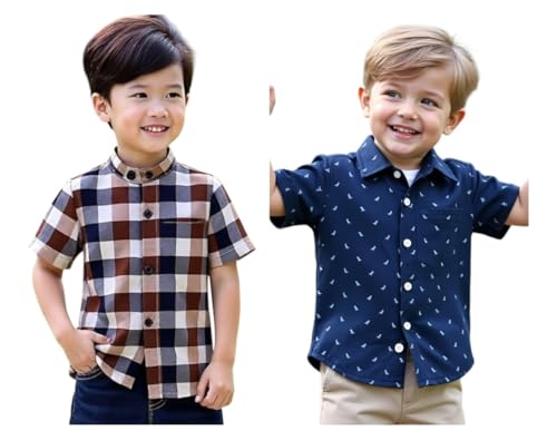 Image of Boys Short Sleeve Button Down Shirts, Plaid and Striped Pattern, Cotton Casual Tops, Pack of 2