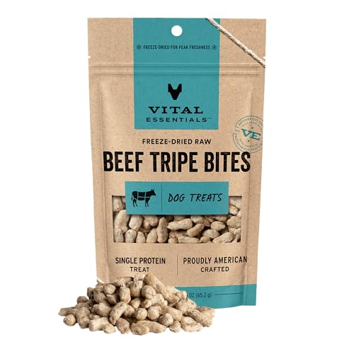 Vital Essentials Freeze Dried Dog Treats | Beef Tripe Bites Single Protein | Premium Quality | Grain Free Training Treats for Dogs 2.3 oz Bag