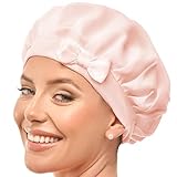 Seidenhaube – Schlafhaube aus 100% Maulbeerseide, atmungsaktive und anpassbare Schlafmütze, rutschfeste seidene Haarhaube, Nachtmütze für lockiges Haar mit elastischem Band (Pink)
