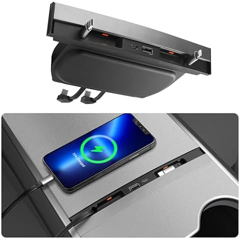 WONDER POINT Retractable USB Hub for Tesla Model 3/Y 2021 2022 2023, TES-la Accessories Docking Station of Center Console for Model 3 Model Y, Hub Docking Station for Fast Charging Cable Multi Port Cover