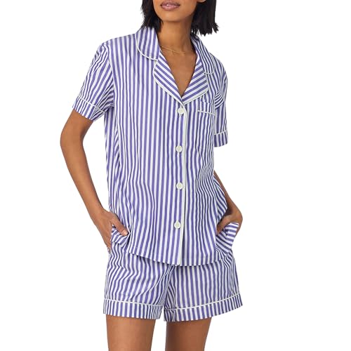 Image of Bed Head PJs Women's Short Sleeve Woven Cotton Sateen Shorty Pajama Set - Organic, Soft, Lightweight, Classic Fit Sleepwear