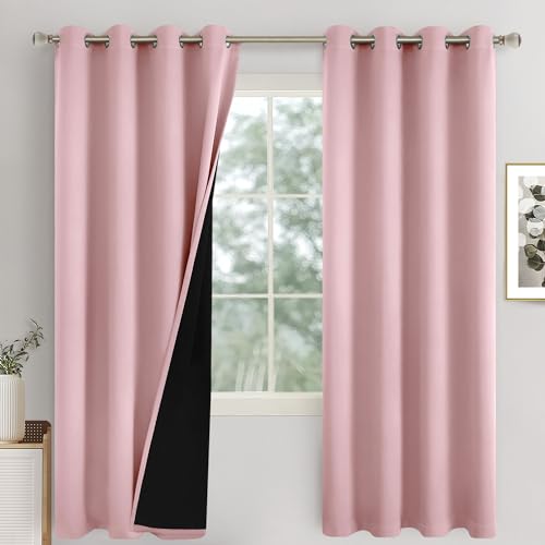 QUEMAS Pink Blackout Curtains for Kids Bedroom 72 Inch Length, Thermal Insulated 100% Light Blocking Soundproof Grommet Thick Window Curtains for Baby Nursery, 2 Panels, Each 52 Inch Wide