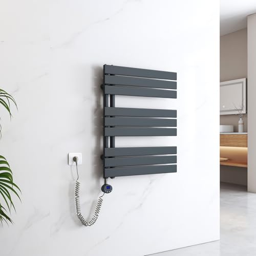 EMKE Toallero eléctrico con elemento calefactor de termostato, toallero eléctrico con barra de calefacción con temporizador, color antracita, 762 x 600 mm, 400 W