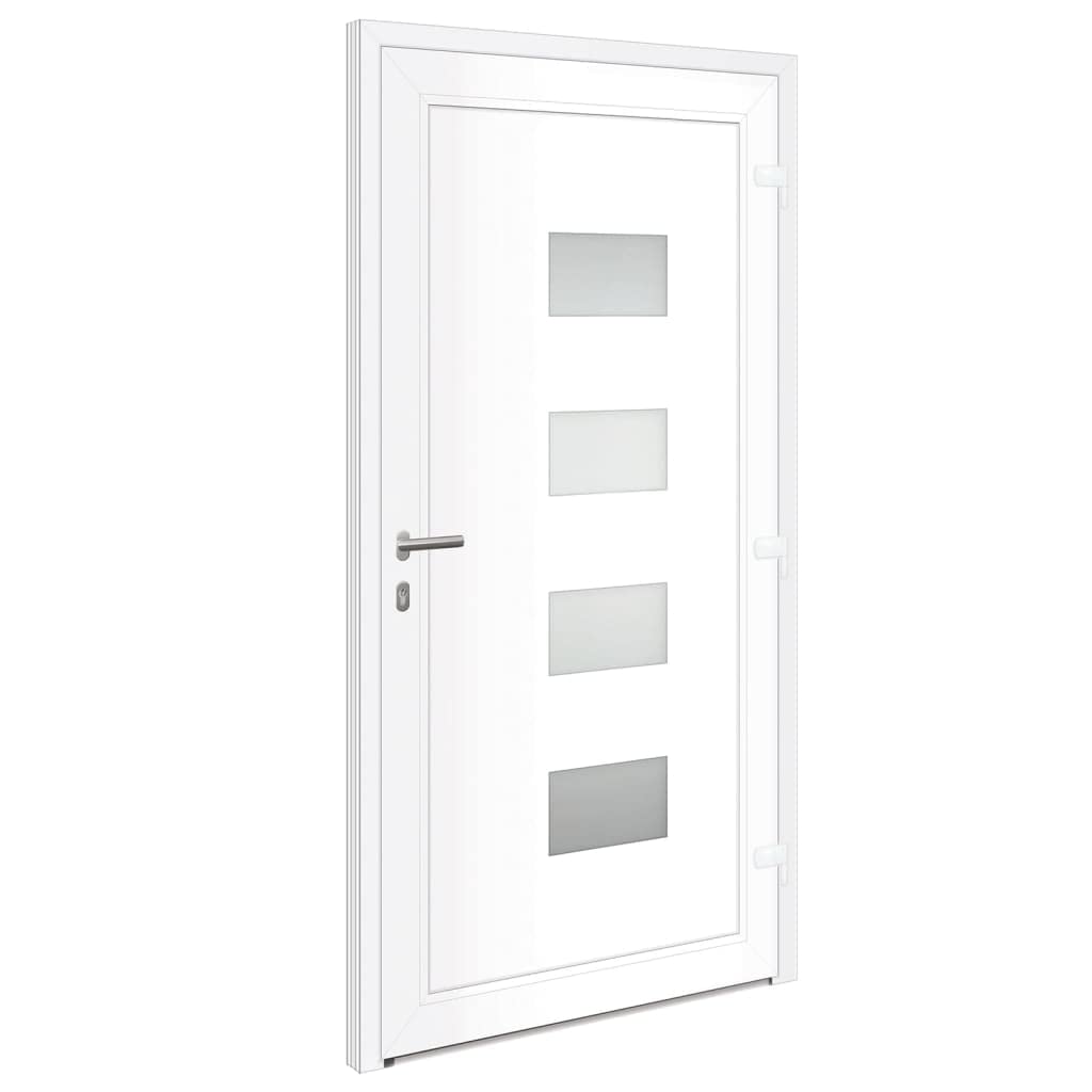 Drzwi wejściowe, białe, 100 x 200 cm, aluminium i PCW z 5-drożnym zamkiem bezpieczeństwa, przeszkleniem izolacyjnym, regulowanymi zawiasami, progiem aluminiowym, izolacją cieplną i ochroną