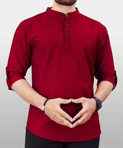 Image of DEEMOON Men's Regular Fit Solid Sprad Collar Casual Shirt with a Trendy Mandarin Collar Crafted from a Premium Cotton Blend