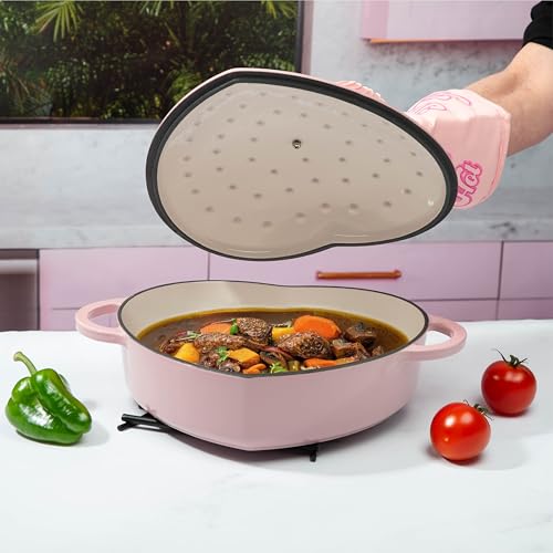 Image of Paris Hilton Enameled Cast Iron Braiser, Heart-Shaped Skillet with Lid, Superior Heat Retention Casserole, Stovetop and Oven-to-Table, 3.5-Quart, Pink