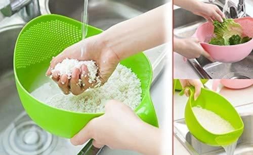Image of Plastic Rice Washing Bowl Strainer Basket with Handle, Green