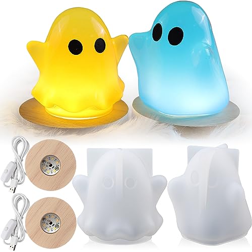 Ghost Resin Molds Halloween Ghost Silicone Resin Molds for Epoxy Casting 2Pcs Ghost Night Light Resin Molds with 2 Pcs USB Wooden Lighted Base DIY Bedside Lamp Resin Art Halloween Decor