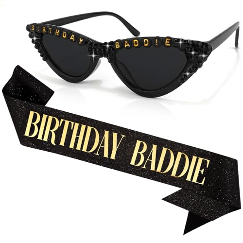 CUBACO Birthday Baddie Decorations for Women included Sash and Sunglasses Birthday Girl Sash Outfit Adult 25th Decorations for Women Accessories Pins for Party Decoration Favors Supplies