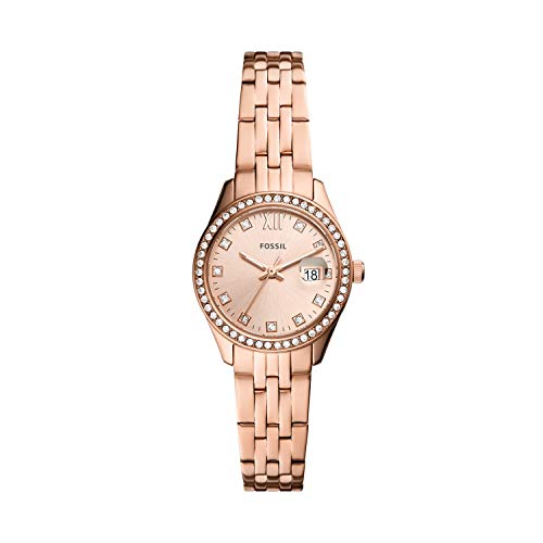 Fossil Women s Scarlette Micro Quartz Stainless Steel Three-Hand Date Watch, Color: Rose Gold Glitz (Model: ES5038)