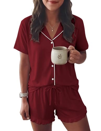 Image of Ekouaer Womens Pajama Sets Button Down Short Sleeve Top and Shorts Cute Ruffled Pjs Sets Sleepwear