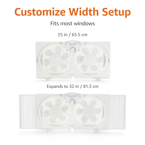 Image of Amazon Basics Window Fan for Home Bedroom, Twin Heads, Cooling Airflow, Exhaust, Expandable Side Panel, Manual Control, 3 Speeds, 63W, 9 inch, White