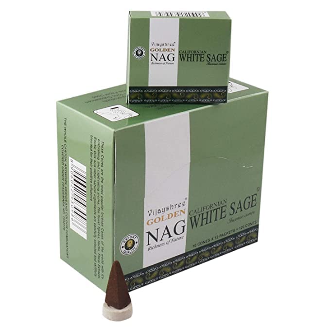 Vijayshree Golden Nag Champa Californian White Sage Masala Cone Pack of 12 Pkt of 10 Cones Each (Natural Dhoop Cone/Dry Dhoop/Incense Cone)