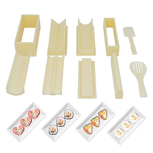 Sushi Making Kit Sushi Maker Tool 10 Pieces Plastic Sushi Set Deluxe Edition with 8 Different Shapes of Sushi Rice Roll Mold Shapes Fork Spatula DIY home Sushi Tools