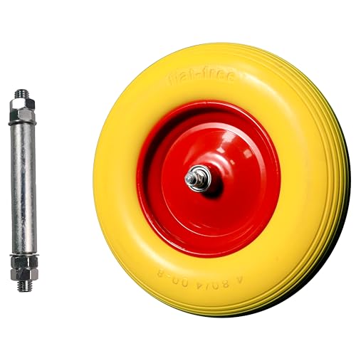 Schulz Tech Roue de brouette en caoutchouc PU avec essieu, charge maximale 200 kg, 4.80/4.00-8, roue en caoutchouc anti-crevaison, pneu avec jante en acier,...