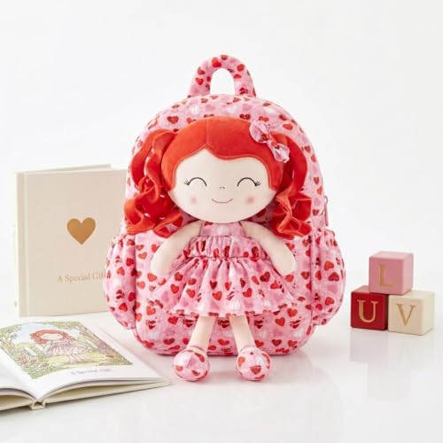 Image of Gloveleya Toddler Backpacks Baby Girl Gifts Curly Hair Plush Figures Dress Backpack - Red Head Loving Heart 11''