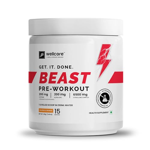 Image of Wellcore - Beast Mode Pre Workout Supplement165g, 15 Servs) | Intermediate Level Pre Workout | Wild Orange | Caffeine Free | Pre Workout For Men & Women With Creatine | Unleash The Beast Within